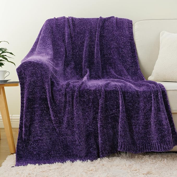 Chenille Throw Blanket for Couch Bed, Purple Knit Throw Blanket 51"x67" | Shiny Chenille Blanket, Super Soft Knitted Blankets for Sofa Home Decor