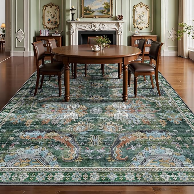 8x10 Area Rugs, Vintage Retro Soft Washable Rug, Non-Slip Low Pile Rugs for Living Room, Bedroom, Dining Room, Stain Resistant Home Decor Rug (Green)