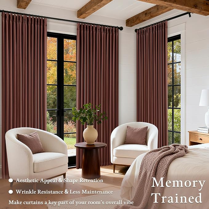 TWODRAPES Chestnut Brown 96 Inch Blackout Pinch Pleated Curtains 2 Panels | Thick Linen Textured, 100% Black Out Drapes 96 Inches Long, Pinch Pleat, Light Blocking, for Living Room Bedroom Rust Maroon