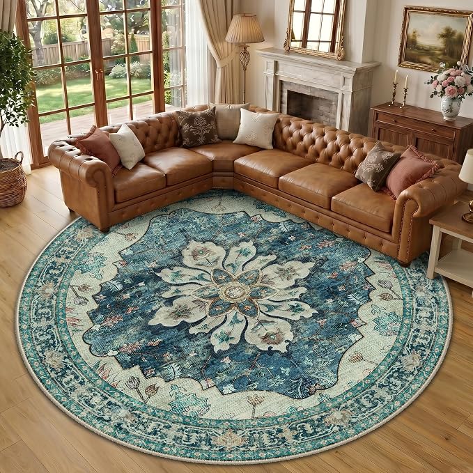 RELEANY Washable Area Rug, Round 10ft, Blue/Vintage Dark Blue | Non-Slip, Water Repellent, Pet Friendly, Easy to Clean, Vintage Floral Boho Decor for Living Room Bedroom Dining Room