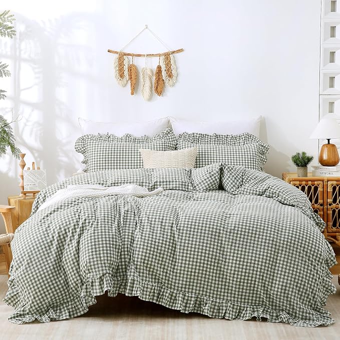 ATsense Green Gingham Ruffle Duvet Cover Set Cotton Like Linen, King | 100% Washed Cotton Linen-Like Feel Soft, Breathable & Comfy. Farmhouse Bedding Set with Zipper & 8 Ties. 3 Pcs, No Insert