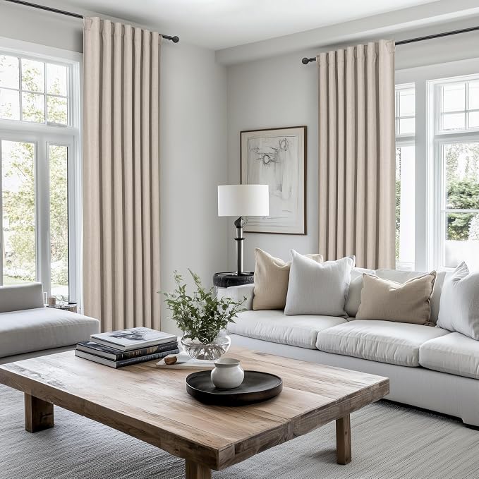 Grey Flax Taupe Hook Belt&Rod Pocket Curtains 84 inch Length 2 Panels Set, White Backing Thermal Living Room/Bedroom/Sliding Door Linen Blackout Curtain Window Boho Summer Drapes (50"Wx84"L)
