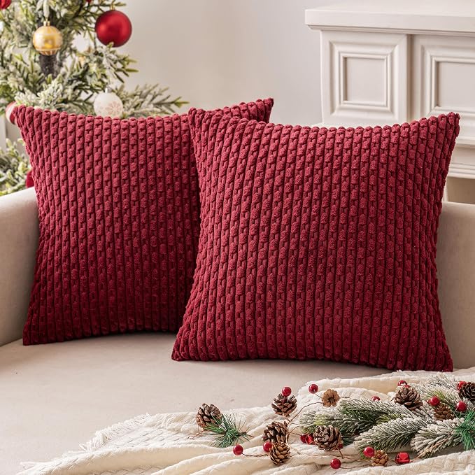MIULEE Euro Sham Decorative Throw Pillow Covers 24x24 Burgundy Corduroy | Textured Striped Pack of 2 Striped Pillow Covers Modern Farmhouse Home Decor for Couch Bed Sofa Living Room