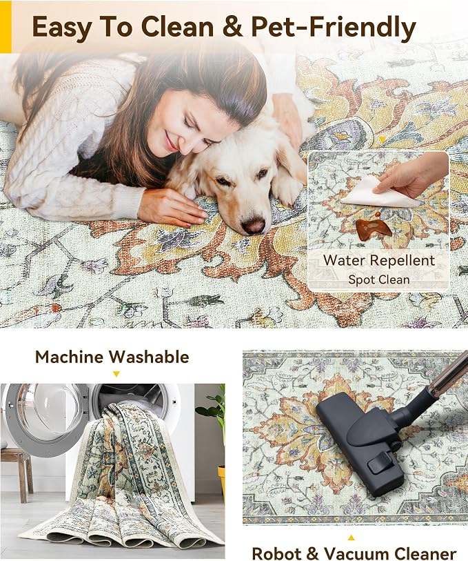 RELEANY Washable Area Rug, Runner 2'x10', Beige/Carbon Grey/Orange | Non-Slip, Water Repellent, Pet Friendly, Easy to Clean, Vintage Floral Boho Decor for Kitchen Hallway Bedroom Laundry