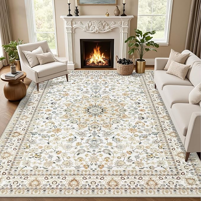 10x14 Area Rugs Living Room: Washable Vintage Rug for Bedroom Beige | Vintage No Slip Stain Resistant Rug Soft Indoor Decor Floor Floral Area Rugs for Dining Room, Nursery, Hallway, Home Office