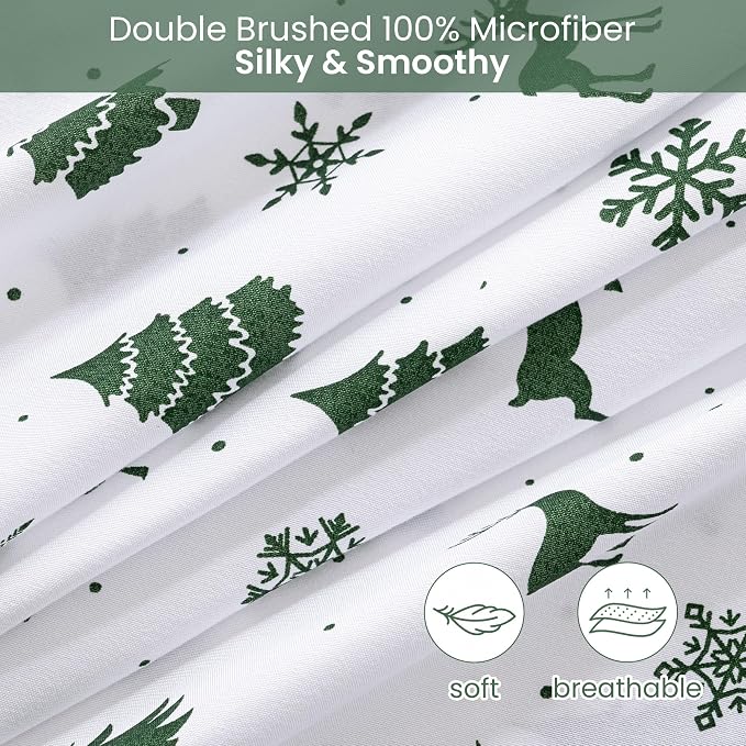 Softan Christmas Holiday Microfiber Twin Sheet Set with Non-Slip Straps | 15" Deep Pocket Fitted Bed Sheets, Printed Sheets, Green Reindeer Pattern, Single Sheets & Pillowcase Set for All Season