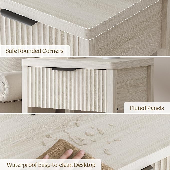 Night Stand Set 2, Fluted Wood Nightstands w/Charging Station for Bedroom | Grey White, Storage Drawer, Open Shelf, Metal Silent Rails, Round Corners, Modern Fluted Panel, Living Room, Bedside Table