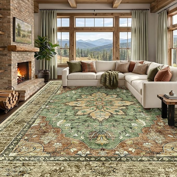 RELEANY Washable Area Rug, Large 9'x12', Brick/Brown/Green | Non-Slip, Water Repellent, Pet Friendly, Easy to Clean, Vintage Floral Boho Decor for Living Room Bedroom Dining Room