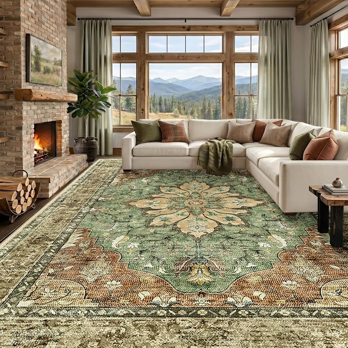 RELEANY Washable Area Rug, Large 10'x14', Brick/Brown/Green | Non-Slip, Water Repellent, Pet Friendly, Easy to Clean, Vintage Floral Boho Decor for Living Room Bedroom Dining Room