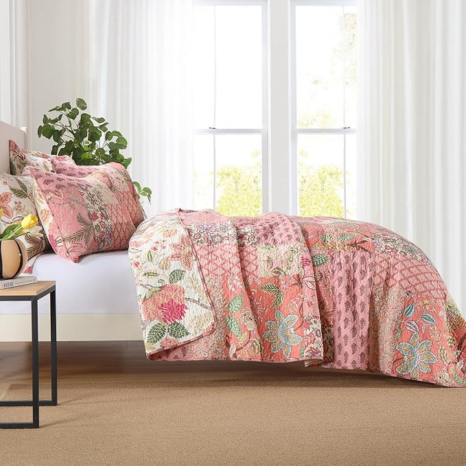 Cotton Patchwork Bedspread, 3-Piece Bedding Quilt Set with Real Stitched Embroidery, Reversible Matelasse Bed Coverlet Set,Bohemian Floral, King Size