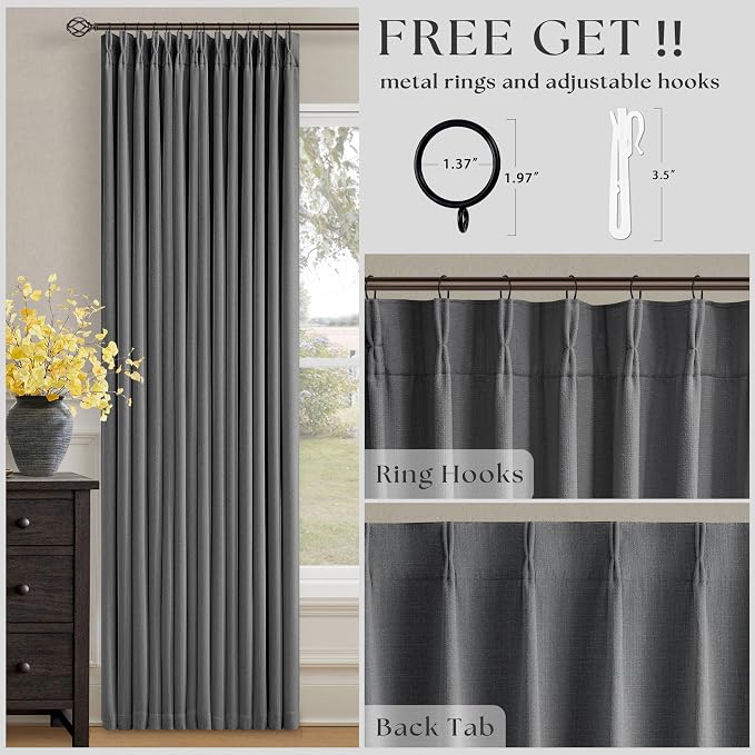 Dark Grey Pleated Thick Linen Blackout Curtains 100 Inches Long with Liner | 100% Black Out, Thermal Insulated, Pinch Pleat with Ring Hooks, Room Darkening Drapes for Living Room Bedroom, Charcoal Gray