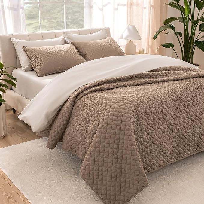 Bare Home Coverlet Set - Full/Queen - Lightweight Bed Decor - Comforter Alternative - All-Season Quilted Bedspread (Full/Queen, Taupe)