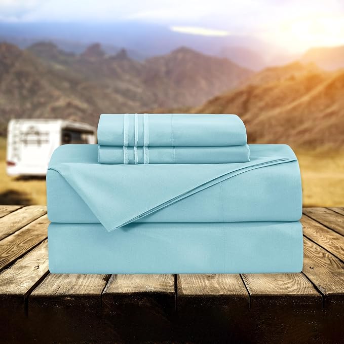 Elegant Comfort Luxury 1500 Premium Hotel Quality Microfiber 4-Piece Sheet Set - Wrinkle Resistant, All Around Elastic Fitted Sheet, Deep Pocket up to 16", RV Short Queen, Aqua
