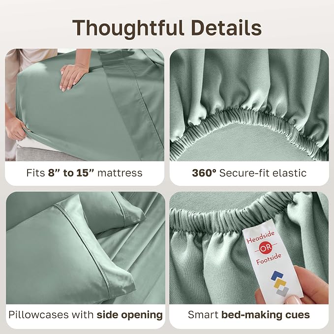 California Design Den Soft 100% Cotton Sateen Split King Sheet Set, 5 Pcs | 400 Thread Count with Good Housekeeping Seal, Split King Sheets Sets for Adj. Bed with 2 Sep. Twin-XL Mattresses -Sage Green