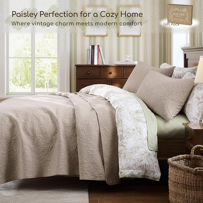 WDCOZY Queen 100% Cotton Paisley Quilt Bedding Set Beige Comforter | Pre-Washed Thin Farmhouse Bedspread, 90"x96" Coverlet + 2 Shams 20"x26", Soft Lightweight, All-Season, Textured Like Linen