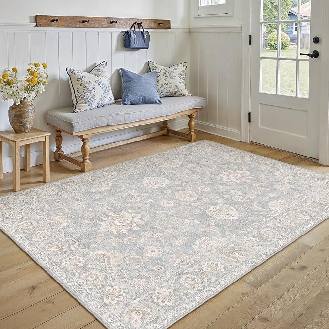 5x7 Blue Cream Neutral Area Rug | Washable, Vintage, Soft, Non Slip, Low Pile, Distressed, Carpet for Living Room Bedroom Dining Room Nursery Home Decor