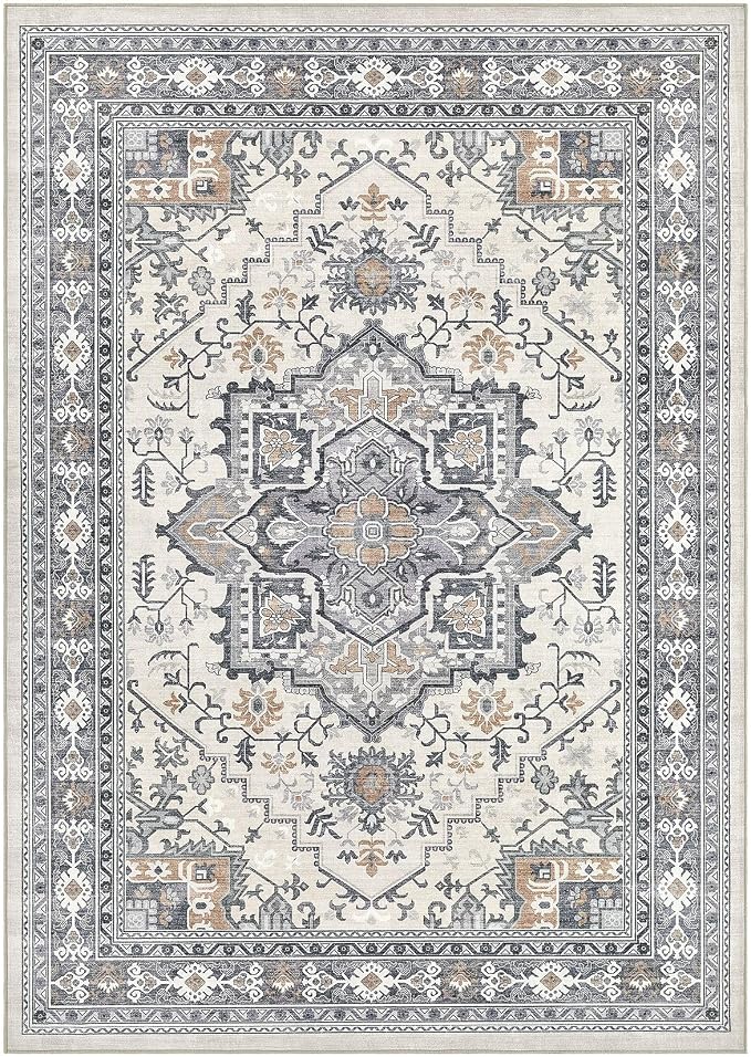 UERMEI 10x14 Area Rug Living Room Rugs - Washable Vintage Soft Large Rug Indoor Floor No Slip Rug Carpet for Bedroom Farmhouse Under Dining Table Home Office Decor - Grey-Orange