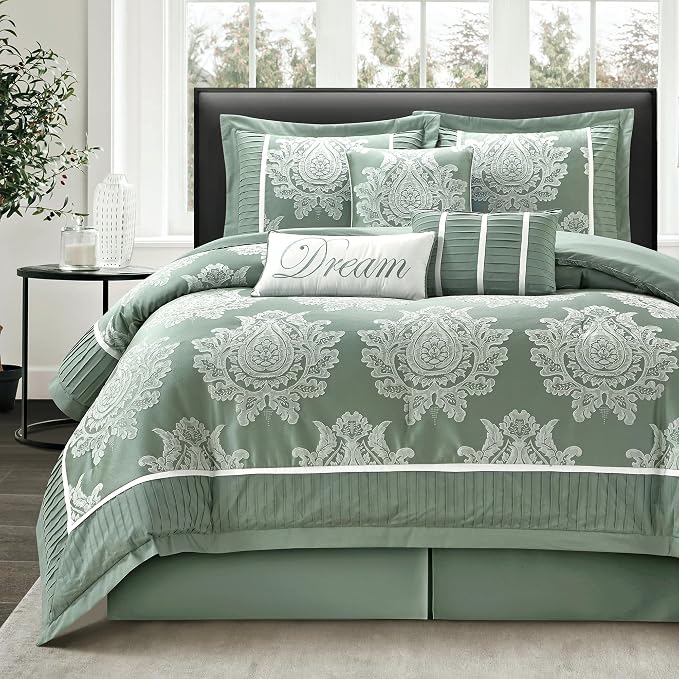 Sage California King Comforter Set 7 Pieces, Jacquard Woven with Damask, Bedding Set in a Bag Includes Comforter, Bed Skirt, Pillow Shams, and Decorative Pillows