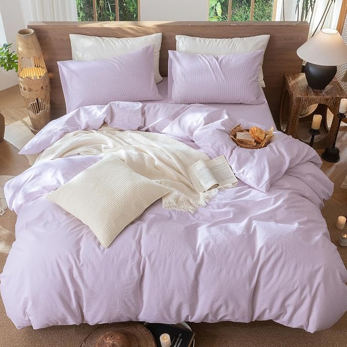 MooMee Striped Duvet Cover Set 100% Washed Cotton Linen Like Queen | Relaxed Linen-like Texture. Soft, Breathable & Long-lasting Comfort. Lightweight. Hidden Zipper with 8 Interior Corner Ties