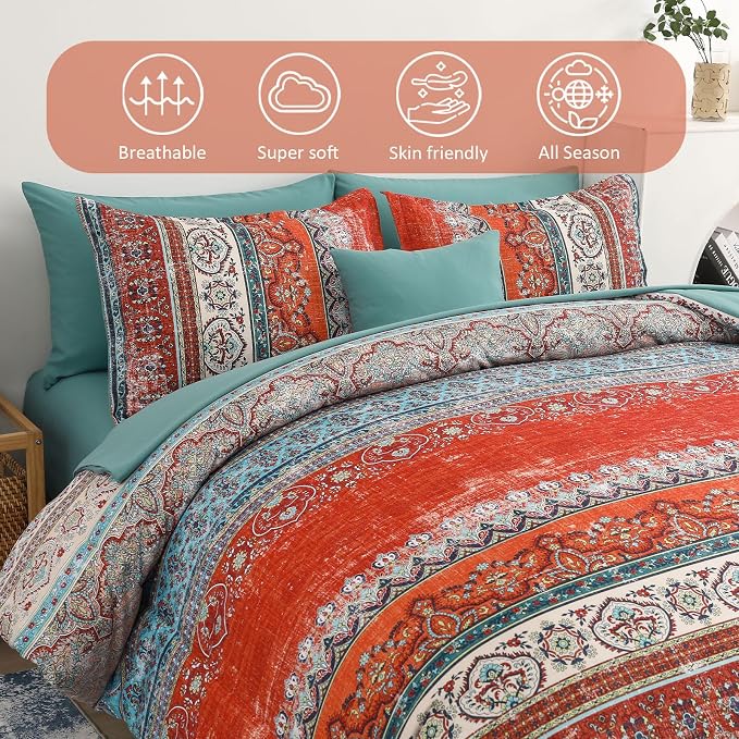 Cottolester Boho Full Comforter Set 8 Pieces, Terracotta Comforter Bohemian Striped Bed in A Bag,Soft Microfiber Bedding Set for All Seasons