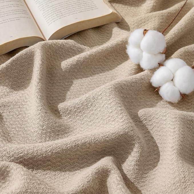 Bedsure GentleSoft 100% Cotton Blanket King Size for Bed - Cooling Breathable and Lightweight, Soft Cozy Textured Herringbone Woven Blanket for Summer, Khaki, 108x90 inches