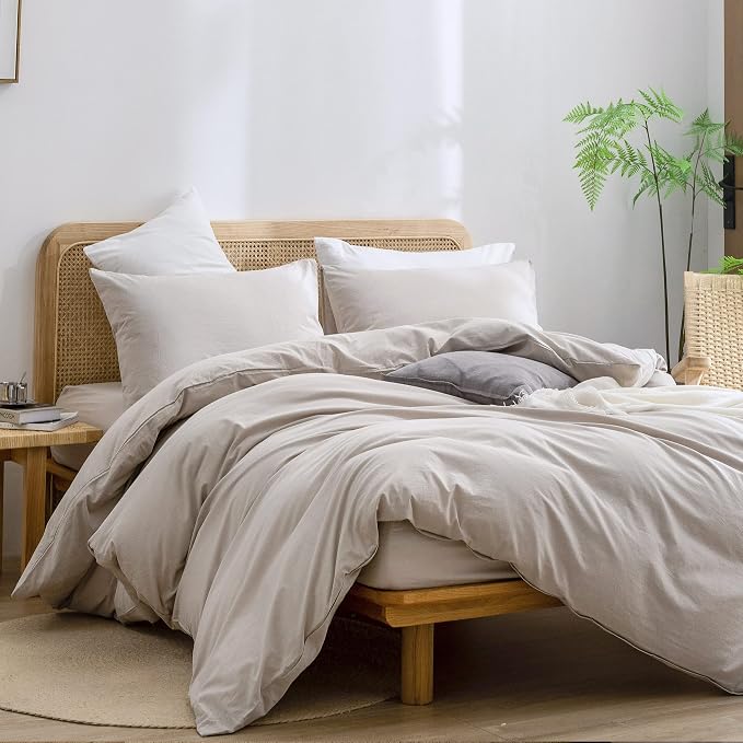 BESTOUCH Cotton Solid Duvet Cover Set Linen Feel Linen Grey Queen | 100% Washed Cotton, Soft Wrinkle Texture, Hidden Zipper, 8 Ties, Breathable Lightweight Durable Comfy, 3 Pcs No Insert