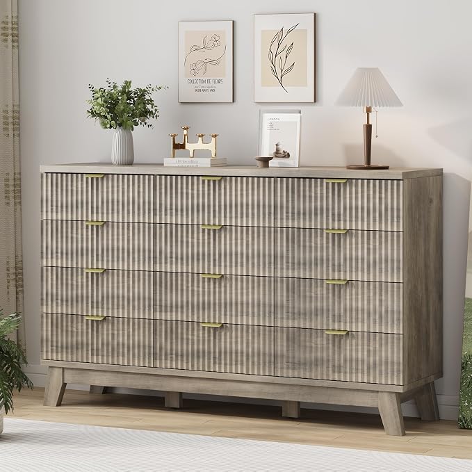 Xixini Fluted Dresser for Bedroom with 12 Drawers, 57" Wide Modern Chest of Drawers with Metal Handle, Wooden Dresser TV Stand, Wood Closet Clothes Storage Organizer for Living Room, Hallway, Grey