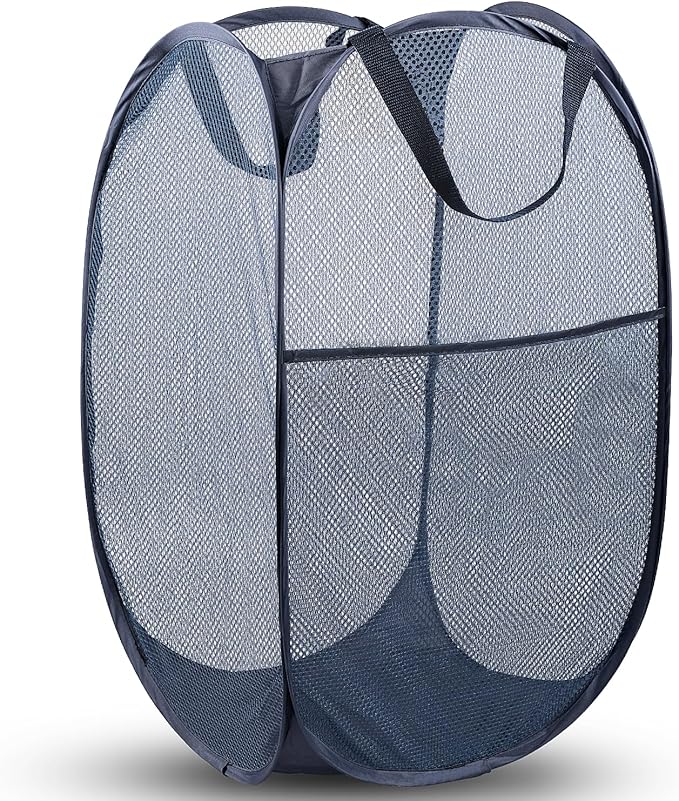 Pop Up Laundry Hamper, 70 L Collapsible Mesh Basket with Side Pocket, Blue | Reinforced handles, breathable fabric, foldable, portable for dorm college travel camping cruise, dirty clothes, toys storage