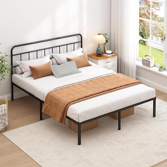 Full Bed Frame with Classin Headboard, Black | Strong Metal Slats Support,Under Bed Storage Space,No Box Spring Needed,Easy to Assemble