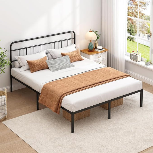 Queen Bed Frame with Classic Headboard, Black | Strong Metal Slats Support, Under Bed Storage Space, No Box Spring Needed, Easy to Assemble