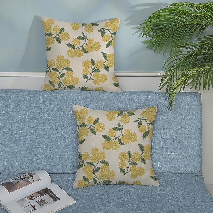 Mustard Yellow Outdoor Pillow Covers 24x24 Inch 2 Pcs Green Hydrangea Flower Decor Throw Pillows Spring Summer Seasonal Vintage Floral Decoration Pillowcase Linen Cushion Cover for Couch Sofa