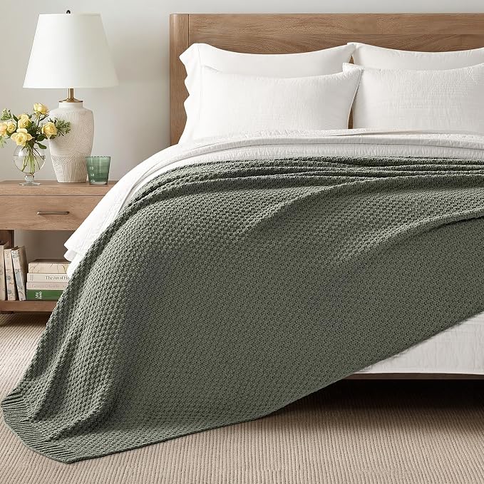 EVERGRACEHOME Chunky Chenille Knit Throw Blanket, 90x90, Dried Thyme Green | Sculpted Moss Stitch, Chic Modern Farmhouse, All-Season Warmth, OEKO-TEX® Certified, Oversized Queen for Couch, Bed, Sofa