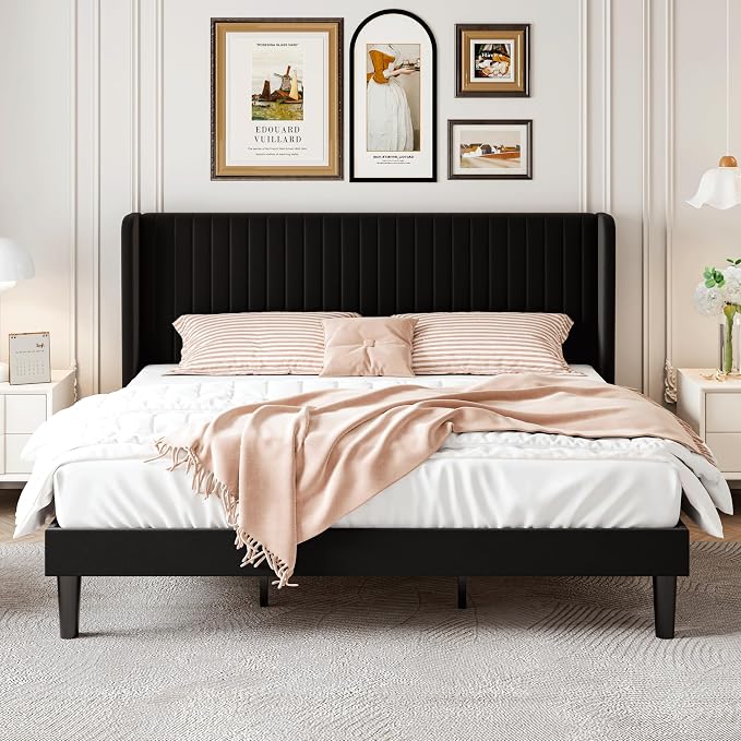 SHA CERLIN King Size Velvet Bed Frame, Tufted Wingback Headboard, Black | 47'' Modern Vertical Channel Headboard, Upholstered Platform Bed, Wood Slats, No Box Spring Needed, Easy Assembly, Noise Free