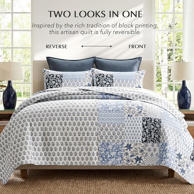 EverGrace 100% Cotton Patchwork Quilt Set, Queen Size, Coastal Blue 96"×92" | Reversible Lightweight Bedspread Coverlet, Printed Patchwork Bedding Set, Traditional Block Print Quilt with 2 Pillow Shams