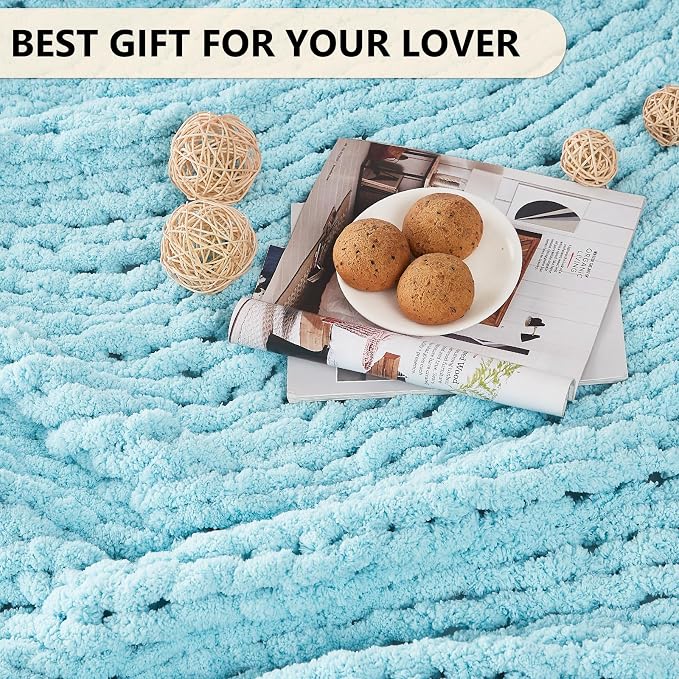 L'AGRATY Chunky Knit Throw Blanket for Couch, 40 x 50 Inches, Light Blue | Handmade Chenille Crochet Blanket for Sofa Bed, Thick Cable Knitted Blankets for Room Home Decor, Birthday Gift for Women Mom