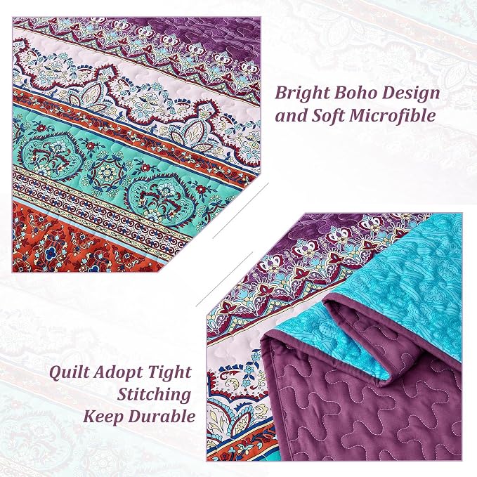 WONGS BEDDING Purple Quilt King Size, Boho Stripe Bedding Set, 104"x90" | Lightweight Soft Bedspread Coverlet,Modern Style Bohemian Pattern Bed Cover for All Seasons,3 Piece(1 Quilt,2 Pillow Shams)