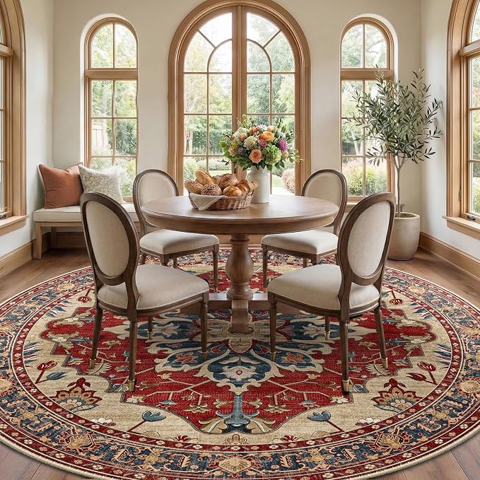 RELEANY Washable Area Rug, Round 8ft, Red/Blue | Non-Slip, Water Repellent, Pet Friendly, Easy to Clean, Vintage Floral Boho Decor for Living Room Bedroom Dining Room