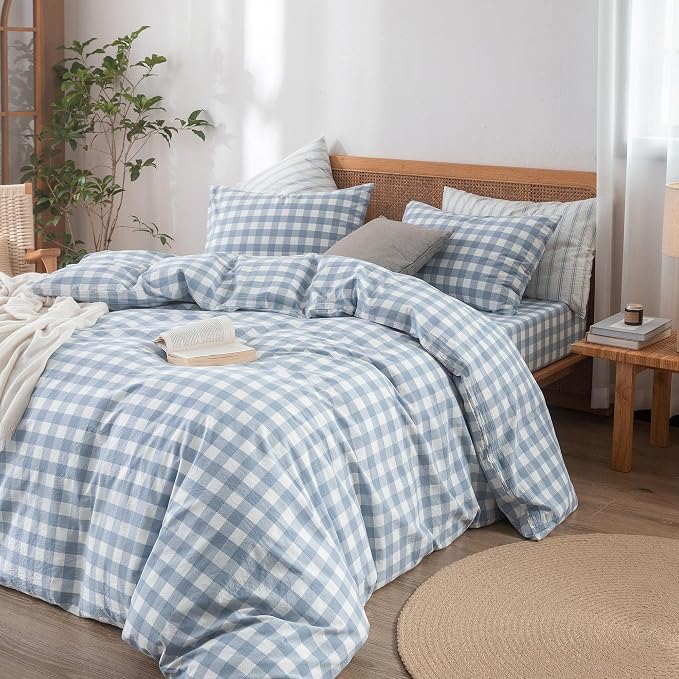 BESTOUCH Gingham Cotton Duvet Cover Set Cornflower Blue Twin | Washed Cotton, Linen Feel, Soft Wrinkle Texture, Hidden Zipper, 8 Ties, Breathable Lightweight Durable Comfy, 2 Pcs No Insert
