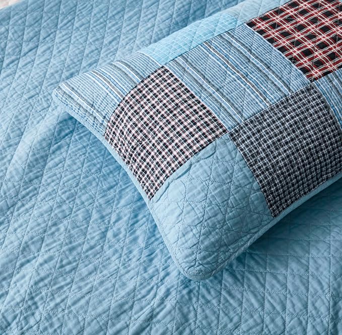 Chezmoi Collection Bram 3-Piece Patchwork Quilt Set King - Pre-Washed Cotton Solid Plaid Multi Striped Coverlet - Lightweight Reversible Bedspread Bedding Set King Size