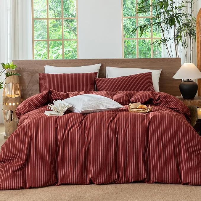MooMee Striped Duvet Cover Set 100% Washed Cotton Linen Like King | Relaxed Linen-like Texture. Soft, Breathable & Long-lasting Comfort. Lightweight. Hidden Zipper with 8 Interior Corner Ties