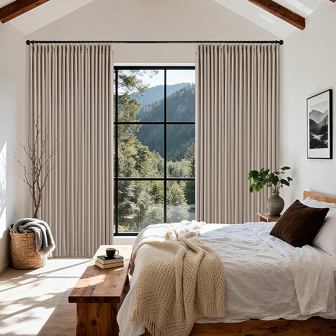 70 Inch Wide Blackout Pinch Pleat Curtains 108 Inches Long Burlywood Birch | Memory Trained, Linen Textured Two Layer, Thermal Insulated, Extra Wide Drapes for Bedroom Living Room Sliding Door, 1 Panel