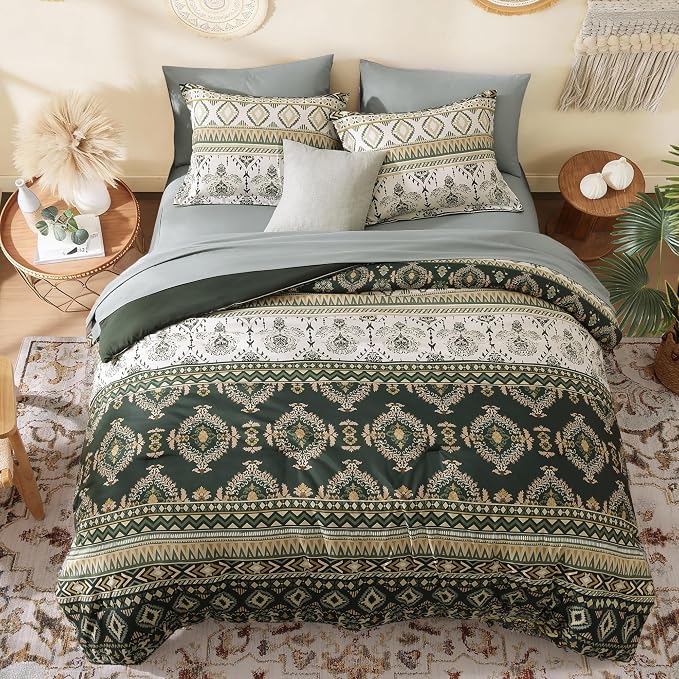 King Size Comforter Set - 7 Pieces Boho Bedding Set Aztec Bed in a Bag | Southwestern Bedding, All Season Tribal Bed Set with Comforter, Sheets, Pillowcases & Shams, Dark Green