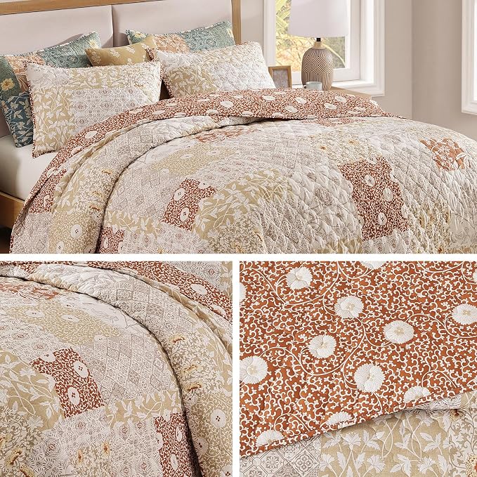 King Size Quilt Set-3 Pieces Soft King Bedspread Floral Patchwork Quilt | Lightweight Terracotta Quilt, Reversible Vintage Floral Bedding Set, All Seasons Bed Coverlet with 2 Pillow Shams, 106"x94"