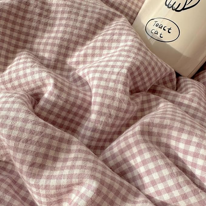 mixinni Purple White Gingham Duvet Cover Queen Size - 3 Piece Cottagecore Plaid Bedding Set with Lace Trim, Soft Washed Microfiber Vintage Aesthetic Grid Comforter Cover & Pillow Shams