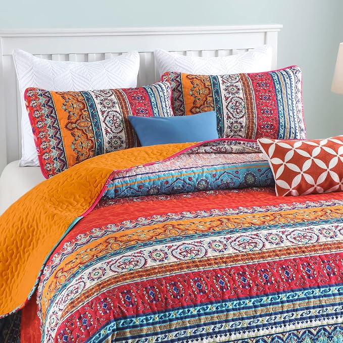 WONGS BEDDING Boho Quilt King Size,3 Pcs Bedspread Set, Orange and Blue | Colorful Bohemian Striped Printed Bedding for All Season, Lightweight Microfiber Coverlet Set with 2 Pillowcases(104"x90")