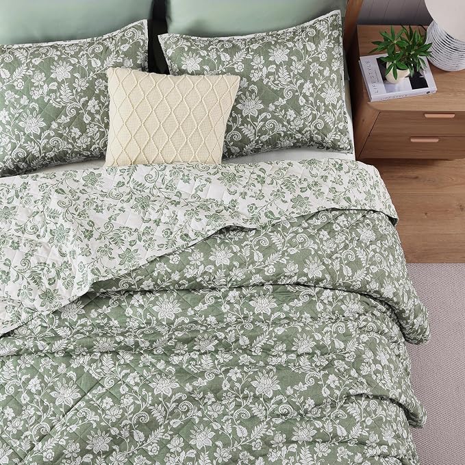 California King Quilt Set-3 Pieces Soft Bedding Floral Reversible Coverlet | All Seasons Lightweight Quilts Queen Size for Bed, Breathable Vintage Bedspread with Shams, Green