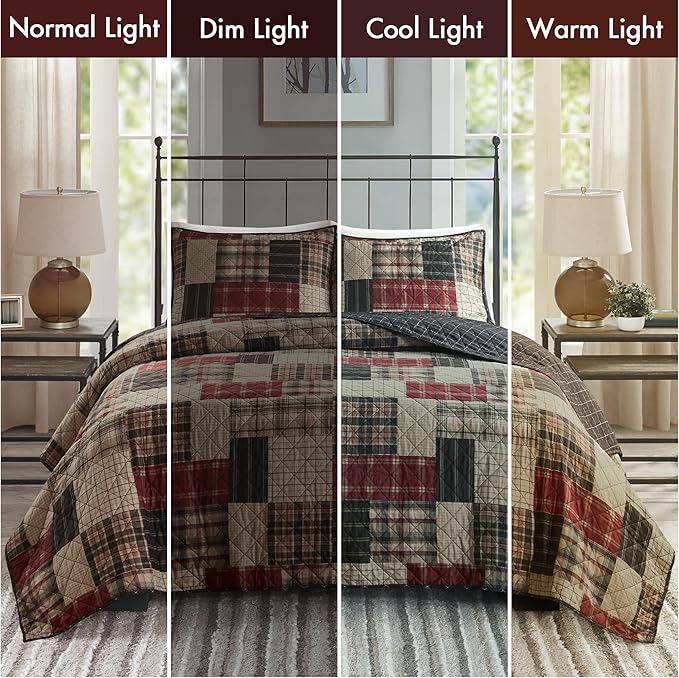 Madison Park Patchwork Farmhouse Red/Black King Quilt Set, 3pc | Diamond Quilted, Reversible Coverlet Set, Plush Cotton Filled, Lightweight, Machine Washable, Easy Care, All-Season, Cozy