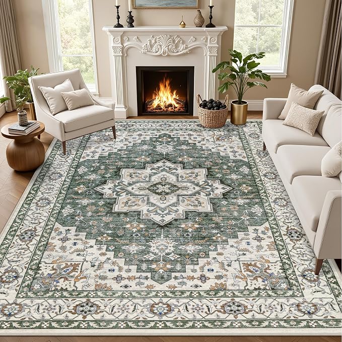 10x14 Area Rugs Living Room: Washable Rug for Bedroom Green Ivory | Vintage No Slip Stain Resistant Rug Soft Indoor Decor Floor Floral Area Rugs for Dining Room, Nursery, Hallway, Home Office