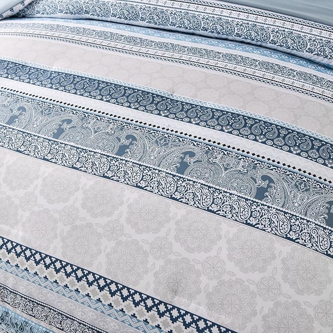 Cottolester Boho Comforter Set Full Size Light Blue Comforter Set 8 Piece Bed in a Bag Striped Paisley Bedding Sets