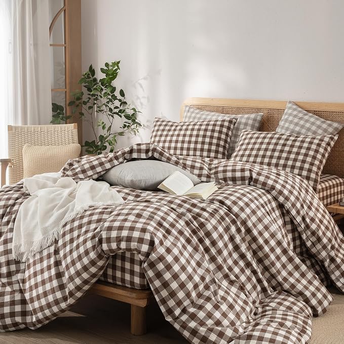 BESTOUCH Gingham Cotton Duvet Cover Set Cocoa Brown Oversized Full | Washed Cotton, Linen Feel, Soft Wrinkle Texture, Hidden Zipper, 8 Ties, Breathable Lightweight Durable Comfy, 3 Pcs No Insert
